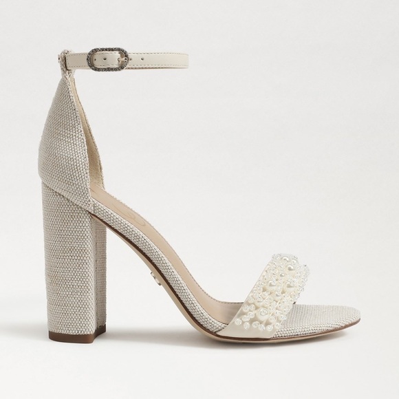 NEW Sam Edelman Sz 8Yaro Perla Open Toe Silk Tweed 4” Dazzling Heels Tan - Picture 2 of 13